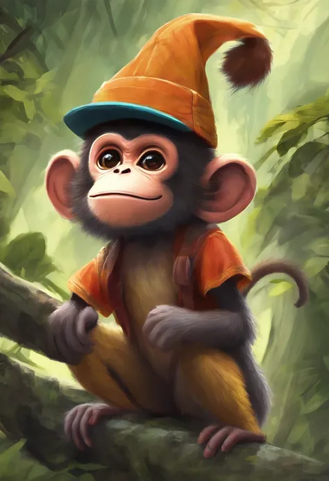 best quality, highres, ultra-detailed, realistic, monkey wearing a cap, anthropomorphic monkey, detailed face and expression, cute monkey with human characteristics, realistic textures, fur and cap details, vibrant colors, whimsical art style, outdoor sett...