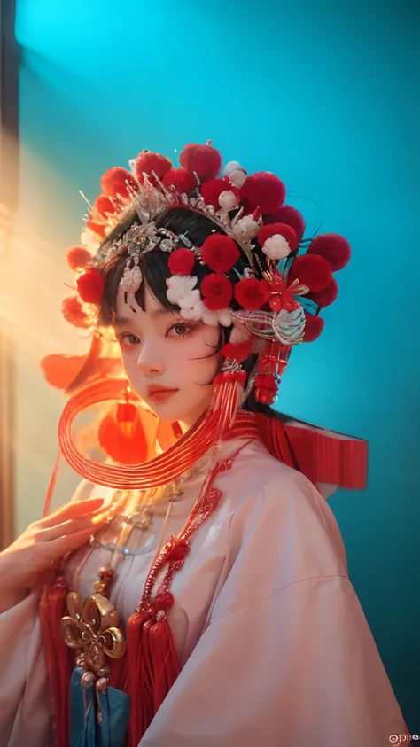 Resolution and quality: 8K, Top quality, Realistic, Medium photography, Grain photos Photographic style and effects: Dynamic action, Pale and faded style, Dreamy nostalgia, Soft focus, Vignetting, Blue and white Peking Opera costumes, Chinese opera, Peking...