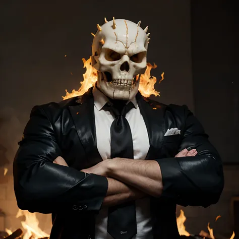 Ghost rider , muscled with huge pecs , hugge torso , huge arms , with a skull head like  with fire , in suit with a tie ans spikes