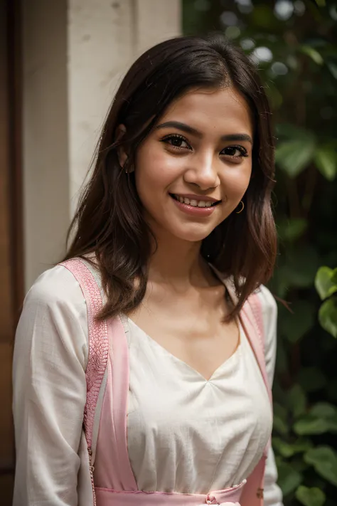 arafed woman smiling, green and pink dress, photo of a woman, mid shot portrait, candid picture, 7 0 mm portrait, photo of young woman, 60mm portrait, candid portrait photo, wearing bihu dress mekhela sador, portait image, candid portrait, taken with canon...