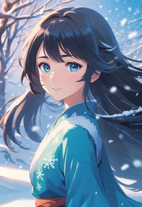 Best quality, 4K picture quality, 1girl, Nadia, blue eyes, blue Hanfu, snow, long black hair fluttering in the wind, healing smile, large aperture, blurred background, superpowered girl, frost Giants, frost elemental