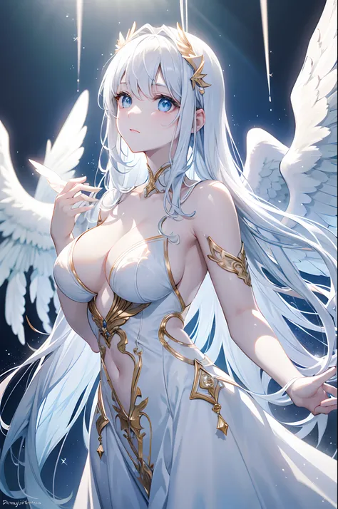 An angel is depicted with a pale and luminous complexion, their skin seemingly glowing with an otherworldly radiance. They are adorned with a pair of sparkling and graceful wings, symbolizing their divine nature. The scene is ethereal and enchanting, captu...