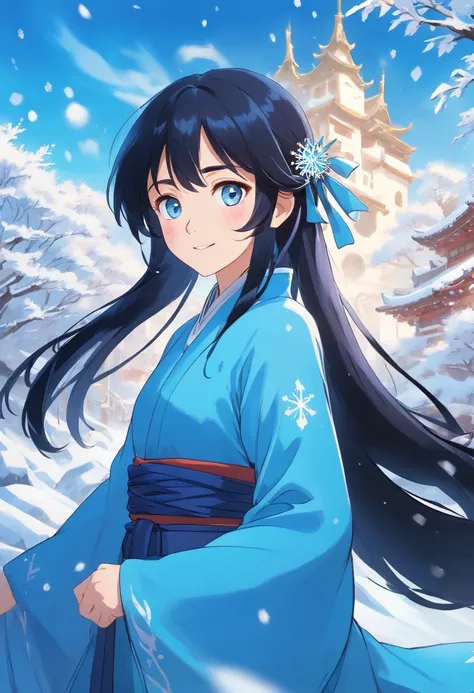 Best quality, 4K picture quality, 1girl, Nadia, blue eyes, blue Hanfu, snow, long black hair fluttering in the wind, healing smile, large aperture, blurred background, superpowered girl, frost Giants, frost elemental