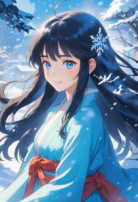 Best quality, 4K picture quality, 1girl, Nadia, blue eyes, blue Hanfu, snow, long black hair fluttering in the wind, healing smile, large aperture, blurred background, superpowered girl, frost Giants, frost elemental