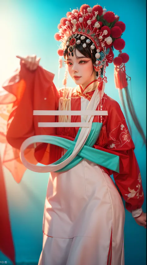 Resolution and quality: 8K, Top quality, Realistic, Medium photography, Grain photos Photography style and effects: Dynamic action, Pale and faded style, Dreamy nostalgia, Soft focus, Vignetting, Blue and white Peking Opera costumes, Chinese opera, Peking ...