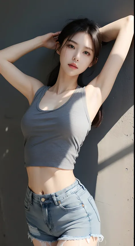 grey vest，close-fitting，Sweaty denim shorts waistband，Stretch out，Holes，shadowing，A half body，Lateral face，Slender muscles，woman，Pretty Women，realisticlying，16K，Bumpy，