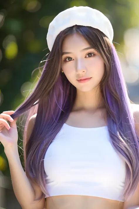 18-year-old girl, long whitr hair, White top, Light purple headband