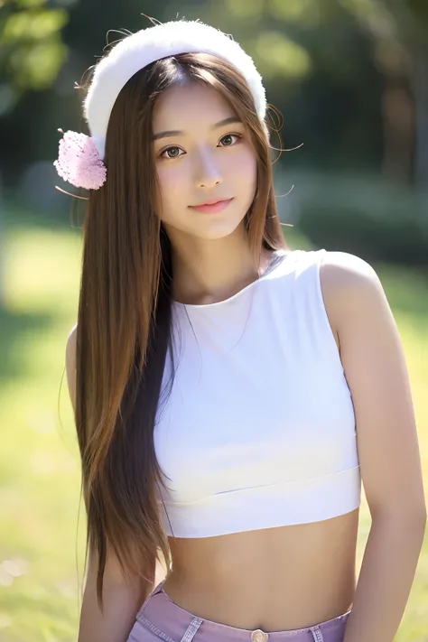 18-year-old girl, long whitr hair, White top, Light purple headband