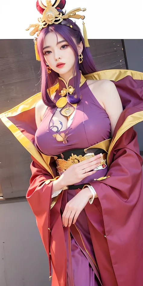 1girl,huge breast, purple hair, ornament hair,red Chinese dress, ultra detailed, masterpiece, realistic