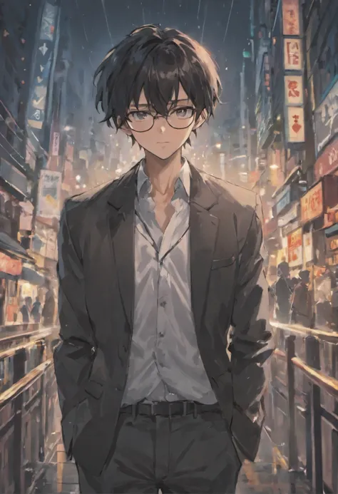 Sexy man. with glasses.Black hair. White shirt. and black jeans.Tied hair. At night. slim. rainy days.