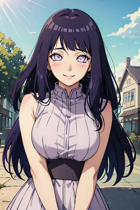 (((masterpiece))), hinatahyuga, blush, smile, 1girl, solo, long hair, looking at viewer, large breasts, purple hair, purple eyes...