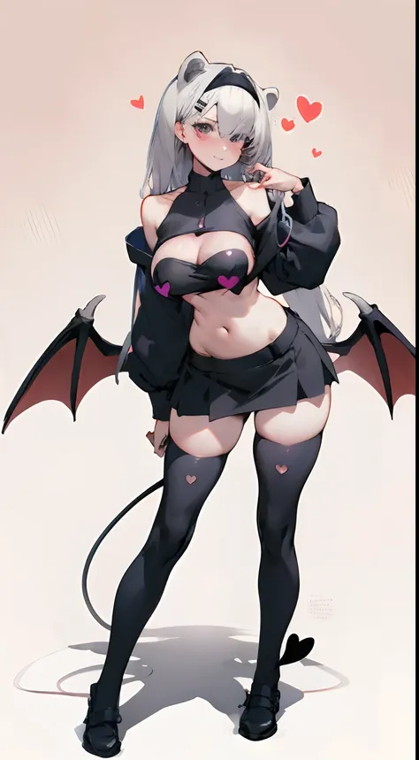 medium boob，cropped shoulders，Black over-the-knee stockings，Teachers Uniform，Stand up，Heart-shaped decoration，succubi，have demon wings，standing straight