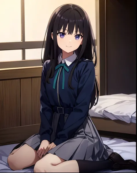 takinainoue, Inoue Takina, Long hair,(((low twin tales))), bangs, Black hair, (Purple eyes:1.2), BREAK  shirt, Long sleeves, dress, ribbon, school uniform, White shirt, Collared shirt, belt, Neck ribbon, Blue dress, Green Ribbon, Pleated dress, grey dress,...