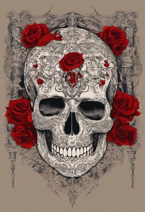 （There are many red roses growing in the skull：1.37）, （The openwork frame is made of gold and rubies：1.3）, （The openwork frame grows a lot of roses：1.3），（Cartoon skeleton）, （Jour des morts）. 8 k, （Jour des morts）, （Skeleton half）, （The skeleton blends perf...