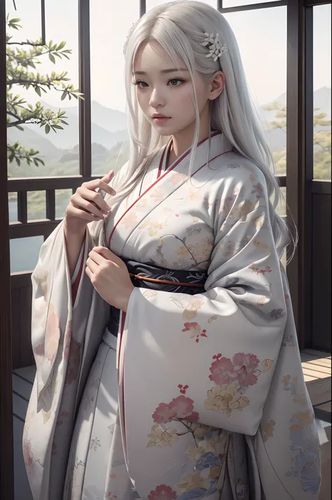 traditional Japanese kimono、Chrysanthemum、with floral pattern,Personification of the white snake,long white hair,Holding a dagger,(RAW shooting)、(hyper realstic、Top image quality)、8k、(realisitic、photoRealstic:1.3)、​masterpiece、超A high resolution、Stunning b...