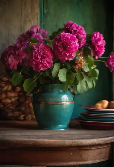 A photo of a rustic table, detalhada e colorida. Italia