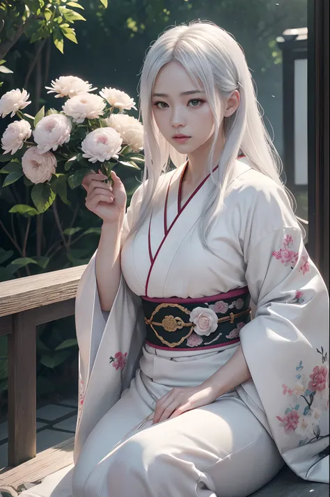 traditional Japanese kimono、Chrysanthemum、with floral pattern,Personification of the white snake,long white hair,Holding a dagger,closing eye,sneering,(RAW shooting)、(hyper realstic、Top image quality)、8k、(realisitic、photoRealstic:1.3)、​masterpiece、超A high ...