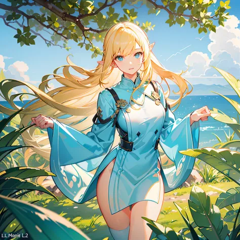 ((Masterpiece)), (((Best quality))), ((Ultra-detailed)),  (Amazing:1.1), Beautiful, Nature, sky and ground, Big wind, wind blown, Line Cloud,Light shoot from the cloud, In the middle of a lush remote foliage jungle，(1 girl:1.3),solo,Elf,blondly,long hair,A...