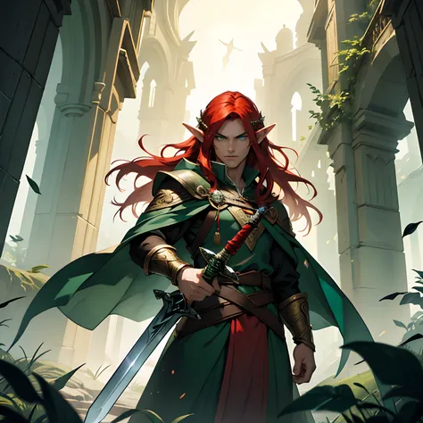 Dramatic shot of a stoic Male elf, long red hair, green eyes, heroic pose, battlemage, elven robes, holding a magic sword of high quality, high detail