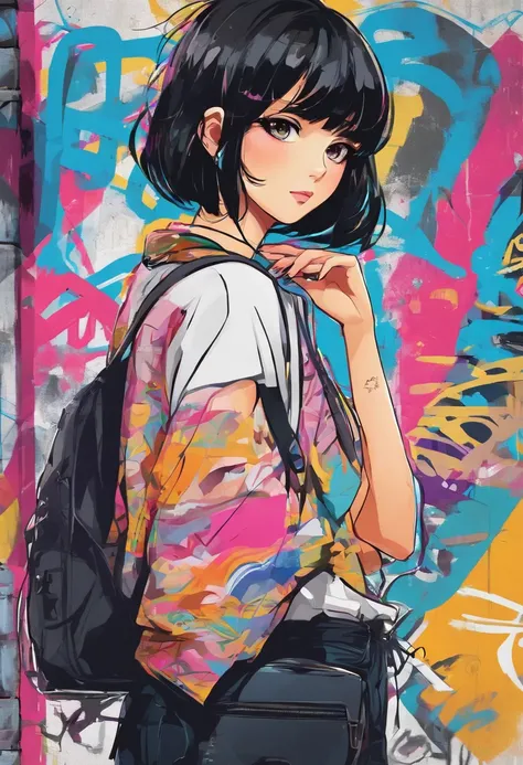 Oil Style、digitalart、1990s anime style、Black Hair Bob、Japan beautiful girl、18year old