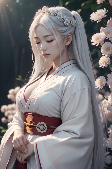 Traditional kimono with Japan eyes closed、Chrysanthemum、with floral pattern,Personification of the white snake,long white hair,Holding a dagger,sneering,(RAW shooting)、(hyper realstic、Top image quality)、8k、(realisitic、photoRealstic:1.3)、​masterpiece、超A hig...