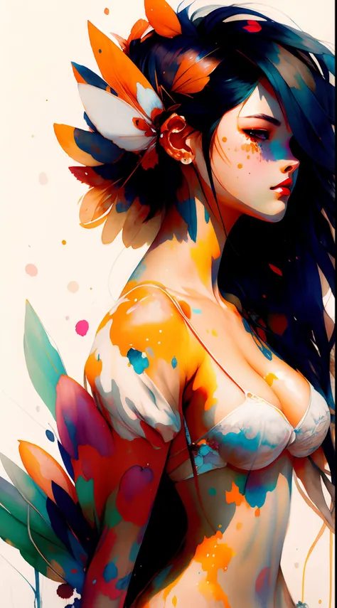 Wtrcolor style，（tiger）Digital art，offcial art，Blowing in the wind，tmasterpiece，big breasts beautiful，（（aquarelle）），paint splatter，Complicated details。The is very detailed，[Dripping:0.7]，Trends on ArtStation，Rachel Walker