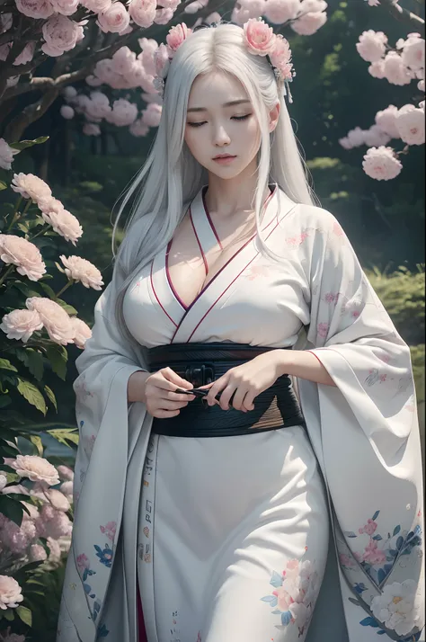 Traditional kimono with Japan eyes closed、Chrysanthemum、with floral pattern,Personification of the white snake,long white hair,Holding a dagger,sneering,(RAW shooting)、(hyper realstic、Top image quality)、8k、(realisitic、photoRealstic:1.3)、​masterpiece、超A hig...