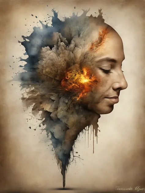 3D Puzzles , Beauty-Looks  , Rothaarige, Explosiver Gefechtskopf, Maschinenteile, die in das Gesicht eingebettet sind, Transient, inspiriert von Igor Morski, Dramatisches Kunstwerk, Fotomanipulation, Foto-Manipulation, Zerfall,, Explosion von Datenfragment...