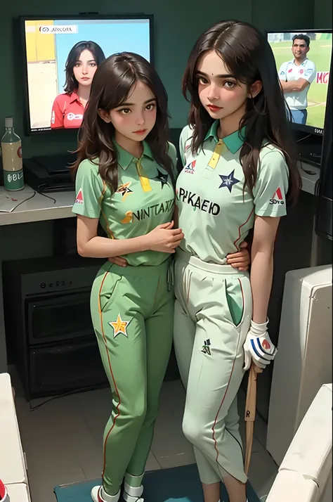 A boy and girl watching cricket match in front of tv and wearing Pakistan cricket uniform Junaid was written on the boys shirt and mehak was written on the girls shirt