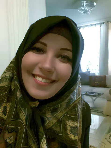 smiling woman in a scarf and head scarf in a living room, beautiful iranian woman