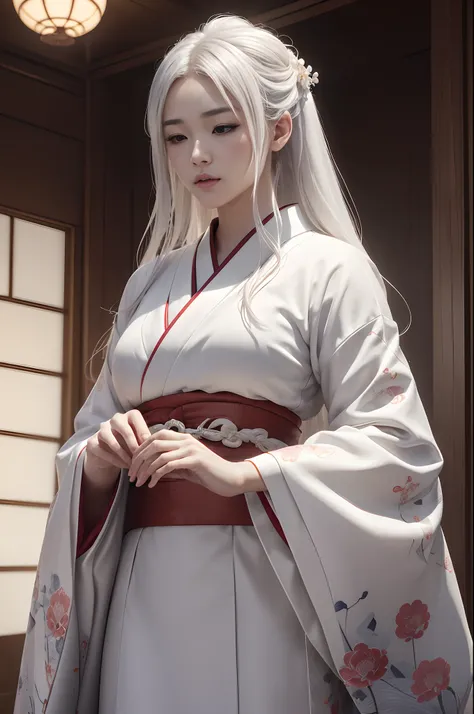 Traditional kimono with Japan eyes closed、Chrysanthemum、with floral pattern,Personification of the white snake,long white hair,Holding a dagger,sneering,(RAW shooting)、(hyper realstic、Top image quality)、8k、(realisitic、photoRealstic:1.3)、​masterpiece、超A hig...