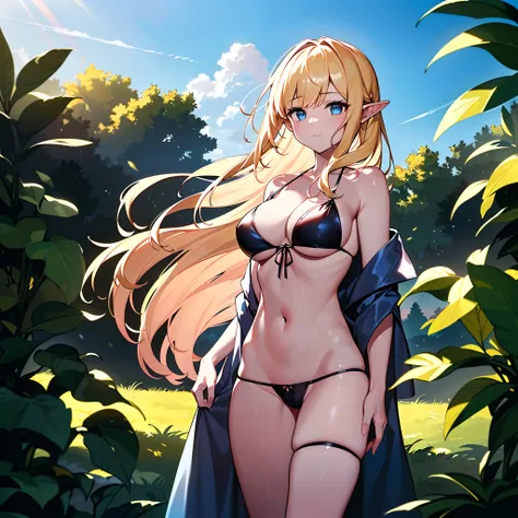 ((Masterpiece)), (((Best quality))), ((Ultra-detailed)),  (Amazing:1.1), Beautiful, Nature, sky and ground, Big wind, wind blown, Line Cloud,Light shoot from the cloud, In the middle of a lush remote foliage jungle，(1 girl:1.3),Solo,elf,blonde with blue ey...