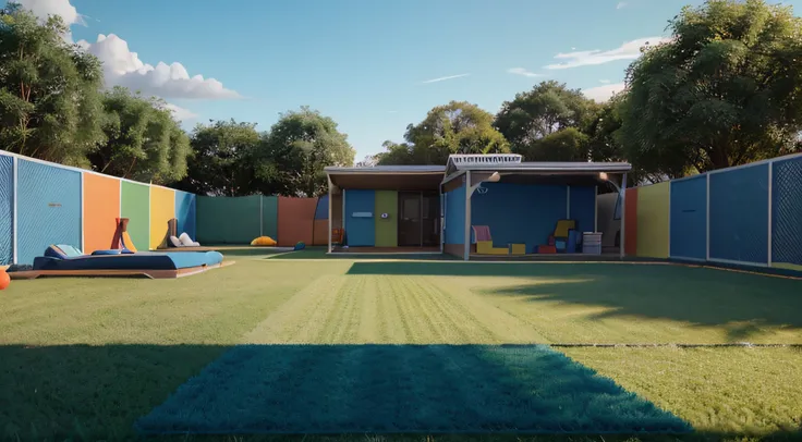 3D Scenario , Representing a kids area. colorida. fundo desfocado. luz do sol iluminando com luz fraca. estilo pixar. Outdoor area: Intense blue sky. Green lawn field floor. cores intensas. com brinquedos ao fundo. Arte estilo o filme SOUL. Filme divertida...