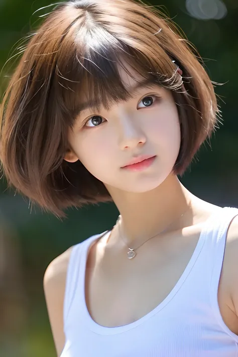 15-year-old girl, short hair, white top. closeup shot.