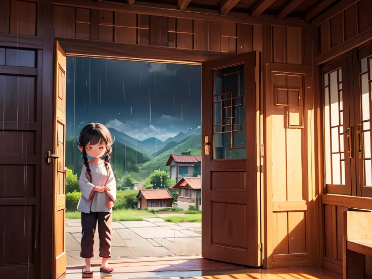 A little Chinese girl，Two twisted braids，There is a blush on the face，Pants in a blue ethnic blouse，Stand at the door，It was sad to watch the heavy rain outside the door，The girl lived in a house in the village，The house is a wooden house，Surrounded by mou...