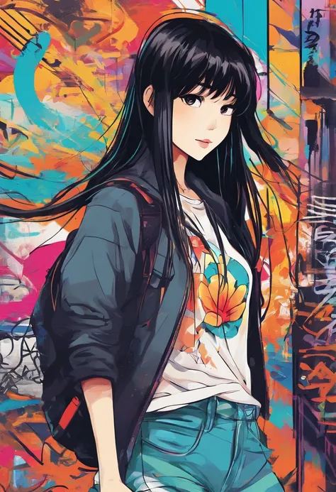 Oil Style、digitalart、1990s anime style、Black hair Long hair　Straight、Japan beautiful girl、18year old、Blunt bangs