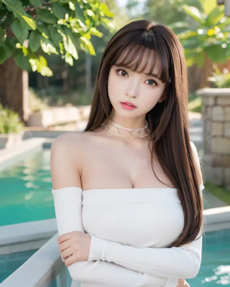 pureerosface_v1, best quality, photorealistic, 8k, high res, 1girl, woman, (skindentation), (portrait:0.6), gorgeous, dynamicpose, ((poolsidebackground:1.6)), coconut tree, ((mediumsize roundbreast, white highnecksweater:1.4)), straight-looking at viewer:1...