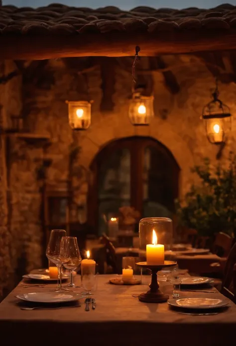 Cantina italiana, Rustic table, Free space in the middle, copos, velas e lareira ao fundo, utensilio pegador. Italia