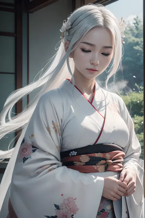 Traditional kimono with Japan eyes closed、Chrysanthemum、with floral pattern,Personification of the white snake,long white hair,Holding a dagger,sneering,(RAW shooting)、(hyper realstic、Top image quality)、8k、(realisitic、photoRealstic:1.3)、​masterpiece、超A hig...