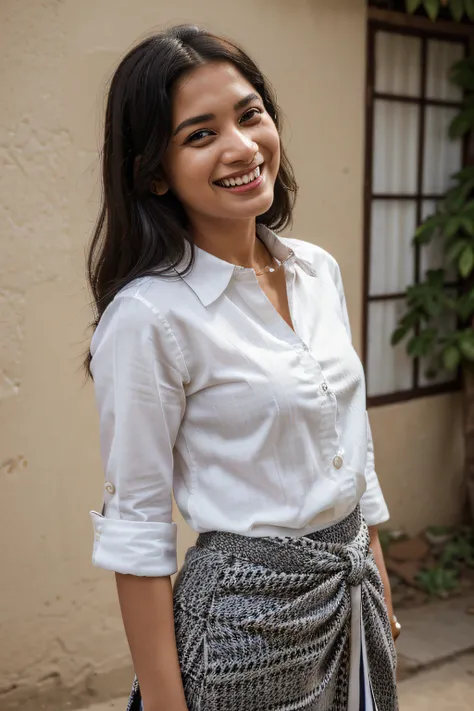 arafed woman laughing, white buttoned tucked in shirt and black pants, photo of a woman, mid shot portrait, candid picture, 7 0 mm portrait, photo of young woman, 60mm portrait, candid portrait photo, wearing bihu dress mekhela sador, portait image, candid...