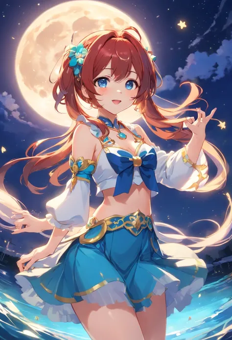 masterpiece, best quality, absurdres, nilou (neither flower nor mist) (genshin impact), aqua eyes, nilou (genshin impact), fake horns, 1girl, solo, red hair, veil, smile, moon, long hair, crop top, jewelry, horns, night, bracer, brooch, long sleeves, puffy...