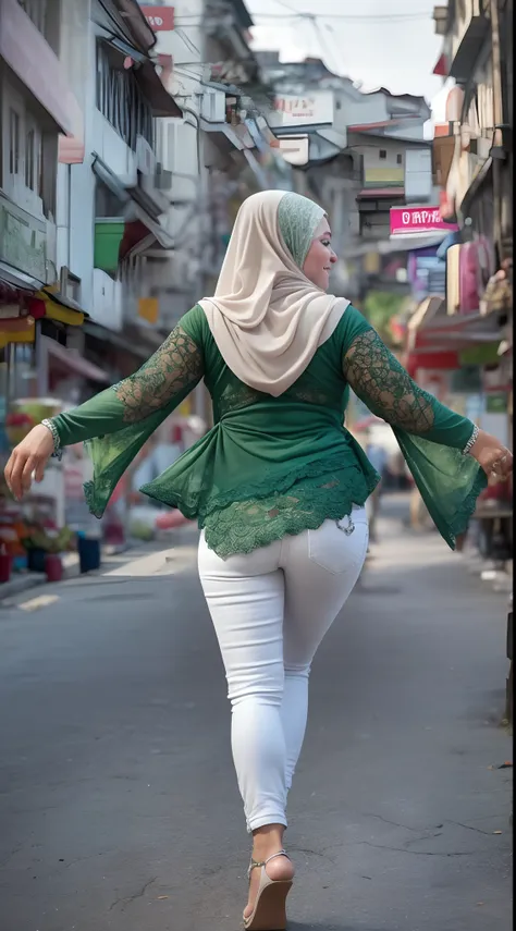 1 malay woman in hijab,((tight white high waist jeans and green lace bra)),(small buttocks),emphasize ass,big round ass, smaller...