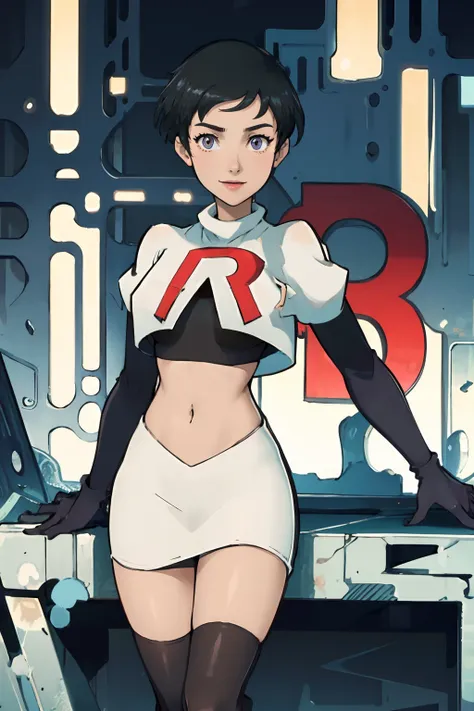 lois lane (my adventures with superman), team rocket,team rocket uniform, red letter r, white skirt,white crop top,black thigh-h...