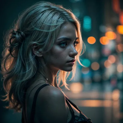 (Cinematic, emotional:1.3), Silhouette of a female against a turquoise backdrop, glowing particles around her, voluminous white hair highlighted, calm expression profiled, (small breasts, orange accents), freckled skin, the photograph captured in stunning ...