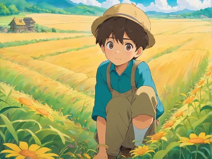 Picture book characters、A 15-year-old boy looks out in the field，Positive perspective、Field background farmers plowing、Take risks、Ghibli style、Humanity