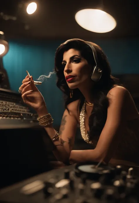 Retrato de Amy Winehouse com o cantor Snoop Dogg , Smoking marijuana cigarette together in a music recording studio