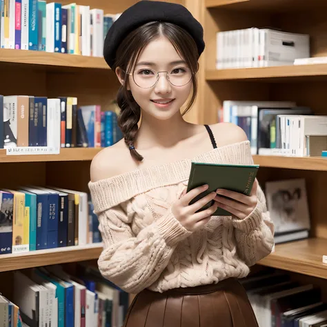 (One High School Girl,japanes,Pill glasses,Stand in the library,Looking at the camera、Stand next to a bookshelf,Brown Beret,Tied hair,Braided hair,Elegant round glasses,The cutest face,Knitwear with exposed shoulders,off-shoulder knit,Chunky warm knitwear,...