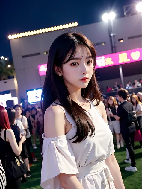 Girl, taking selfie in music show event, outdoor event, crowd walking around her, realistic, night lighting, stage lighting,