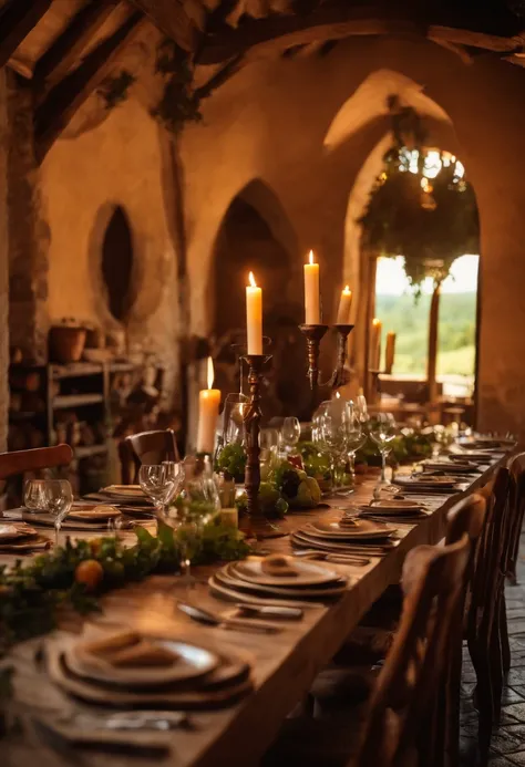 Italian winery, Rustic table, Free space in the middle, copos, velas e lareira ao fundo, Gluing Utensils. Italy