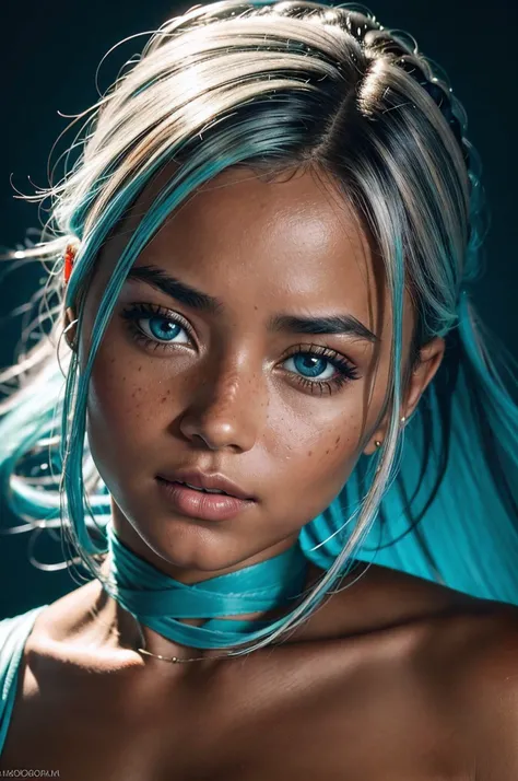 (Cinematic, emotional:1.3), Silhouette of a female against a turquoise backdrop, glowing particles around her, voluminous white hair highlighted, calm expression profiled, (small breasts, orange accents), freckled skin, the photograph captured in stunning ...